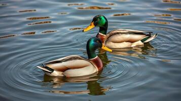 Two mallard ducks swimming gracefully on a tranquil pond surrounded by rippling water photo