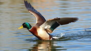 Mallard duck takes flight from calm water in early morning light at a serene lake photo