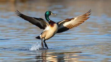 Mallard duck gracefully landing on a serene lake at dusk with wings spread wide and water splashing photo