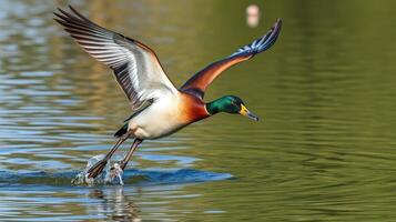 Mallard duck taking flight over calm water during a clear day in a natural setting photo