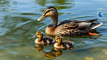 Mother duck with ducklings swimming in a serene pond during a sunny afternoon photo
