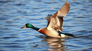Mallard duck taking flight over serene waters during early morning light photo