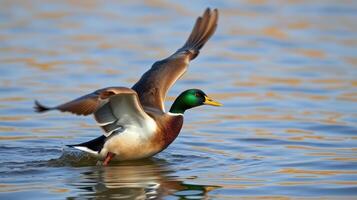 Mallard duck taking flight over a serene lake during early morning light photo