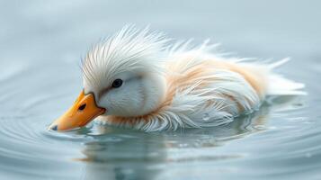 Duckling with fluffy feathers glides gracefully across serene water in a tranquil setting photo