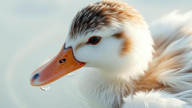 Cute duckling with droplets of water resting on its beak in a soft, light environment photo