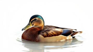 Colorful duck swims gracefully in calm water under soft light in a serene natural setting photo