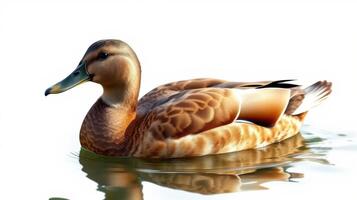 Brown duck swimming calmly in a serene pond during daylight photo