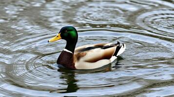 Mallard duck swimming in rippling water under a cloudy sky during a calm afternoon in a serene pond photo