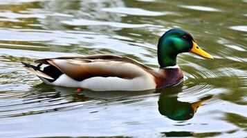 Mallard duck gliding gracefully across a serene pond on a bright sunny day photo
