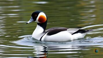 Male harlequin duck swimming in calm waters during a sunny afternoon photo