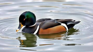 Colorful male duck swims gracefully in a calm lake surrounded by nature in the early morning light photo