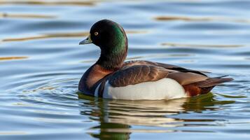 Colorful duck swimming gracefully in serene waters at dawn in a natural setting photo