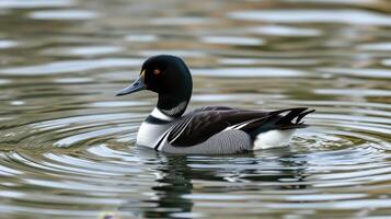 Swimming freely, a male Common Eider enjoys a serene moment in a calm, reflective water body during daylight hours photo