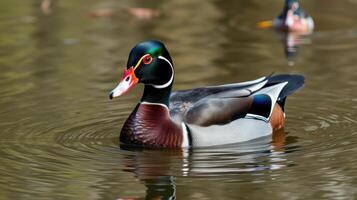 Wood duck gliding gracefully on a calm lake surrounded by lush greenery and reflecting warm sunlight during a tranquil afternoon photo
