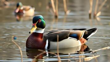 Colorful duck swimming gracefully in calm water among reeds during golden hour photo