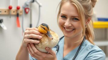 Veterinarian smiling while holding a duck in a veterinary clinic during a routine check-up photo