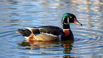 Wood duck swimming gracefully in a tranquil pond reflecting soft sunlight during early morning hours photo
