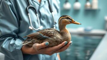 Veterinarian examines a duck in a clinic setting during a routine health check photo