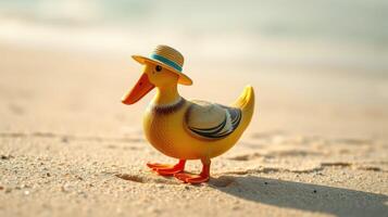 Colorful toy duck wearing a straw hat on sandy beach during sunny day photo