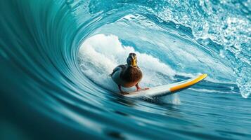 Duck rides the waves on a surfboard amid a beautiful blue ocean in a playful moment photo