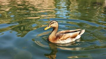 Duck swimming gracefully in a serene pond surrounded by lush greenery photo
