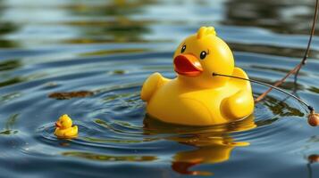 Bright yellow rubber ducks floating on calm water during a sunny day photo