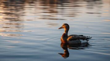 Duck swims peacefully on a calm lake during sunset reflecting warm colors of golden hour photo
