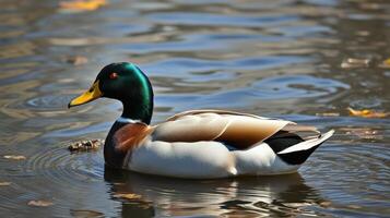 Colorful mallard duck swimming gracefully in a serene pond during a sunny day photo
