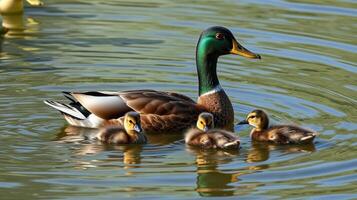 Mallard duck and her ducklings swimming in a tranquil pond during a sunny day in spring photo