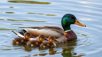 Mother duck swims with her adorable ducklings in a serene pond during a sunny afternoon photo