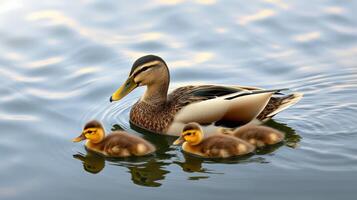 Mallard mother swims with ducklings on serene lake during a sunny morning photo