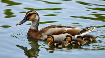 Mother duck swims with her ducklings in a serene pond during sunny spring afternoon photo
