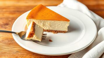 Creamy cheesecake with graham cracker crust served on a white plate with a fork on a wooden table photo