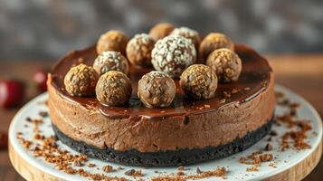 Indulgent chocolate cheesecake topped with cocoa truffles on a rustic wooden table photo