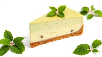 Delicious leaf-flavored cheesecake slice presented with mint leaves and a crumbly crust photo