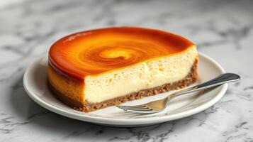 Delicious caramel flan slice served on a plate with a fork on a marble countertop photo