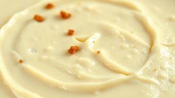 Dessert featuring creamy frosting with decorative crumbs on a white plate in a cozy kitchen setting photo