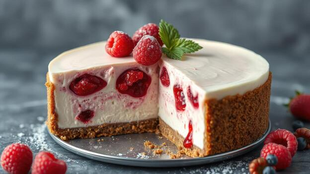 Delicious cheesecake with raspberries and graham cracker crust on a plate photo