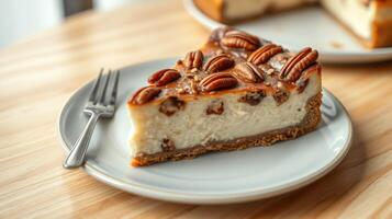Pecan cheesecake slice served on a light wooden table with fork beside it photo