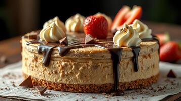 Delicious chocolate and strawberry cheesecake topped with whipped cream, displayed on a rustic wooden table photo