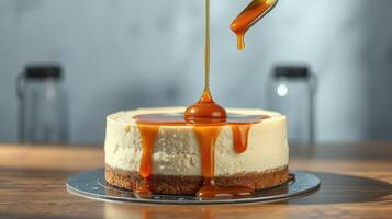 Creamy cheesecake topped with rich caramel sauce in a cozy setting photo