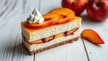Delicious layered dessert with cream and peach slices on a wooden table photo