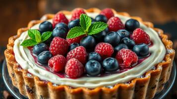 Fresh berry tart topped with blueberries and raspberries on a wooden table showcasing natural textures and colors photo