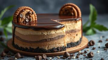 Chocolate mousse cake garnished with cookies and chocolate chips on a wooden board photo