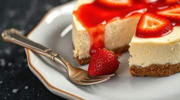 Delicious cheesecake with strawberry topping served on a white plate with a fork on a dark countertop photo