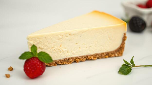 Creamy cheesecake slice with graham cracker crust and fresh berries on a white background photo