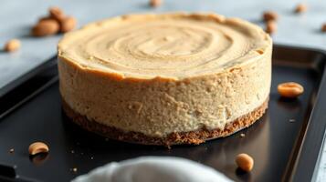 Creamy peanut butter cheesecake on a black serving tray with scattered nuts in a well-lit kitchen setting photo
