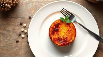Delicious dessert served on a white plate with a fork on a rustic wooden table surrounded by natural elements photo