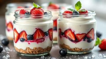 Delicious layered dessert jars with fresh fruits and creamy filling made in a cozy kitchen setting photo