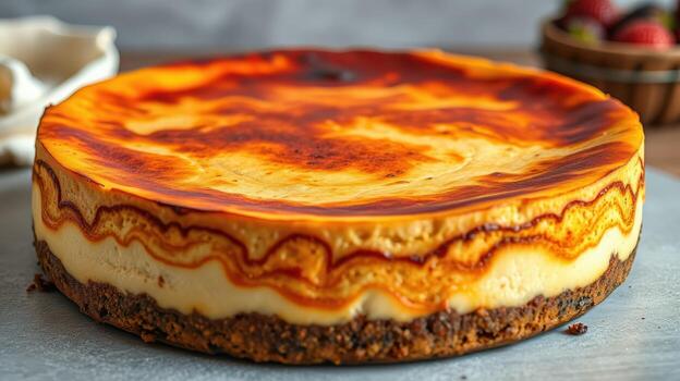 Creamy baked cheesecake with golden caramelized top displayed on a rustic wooden table with fresh strawberries photo